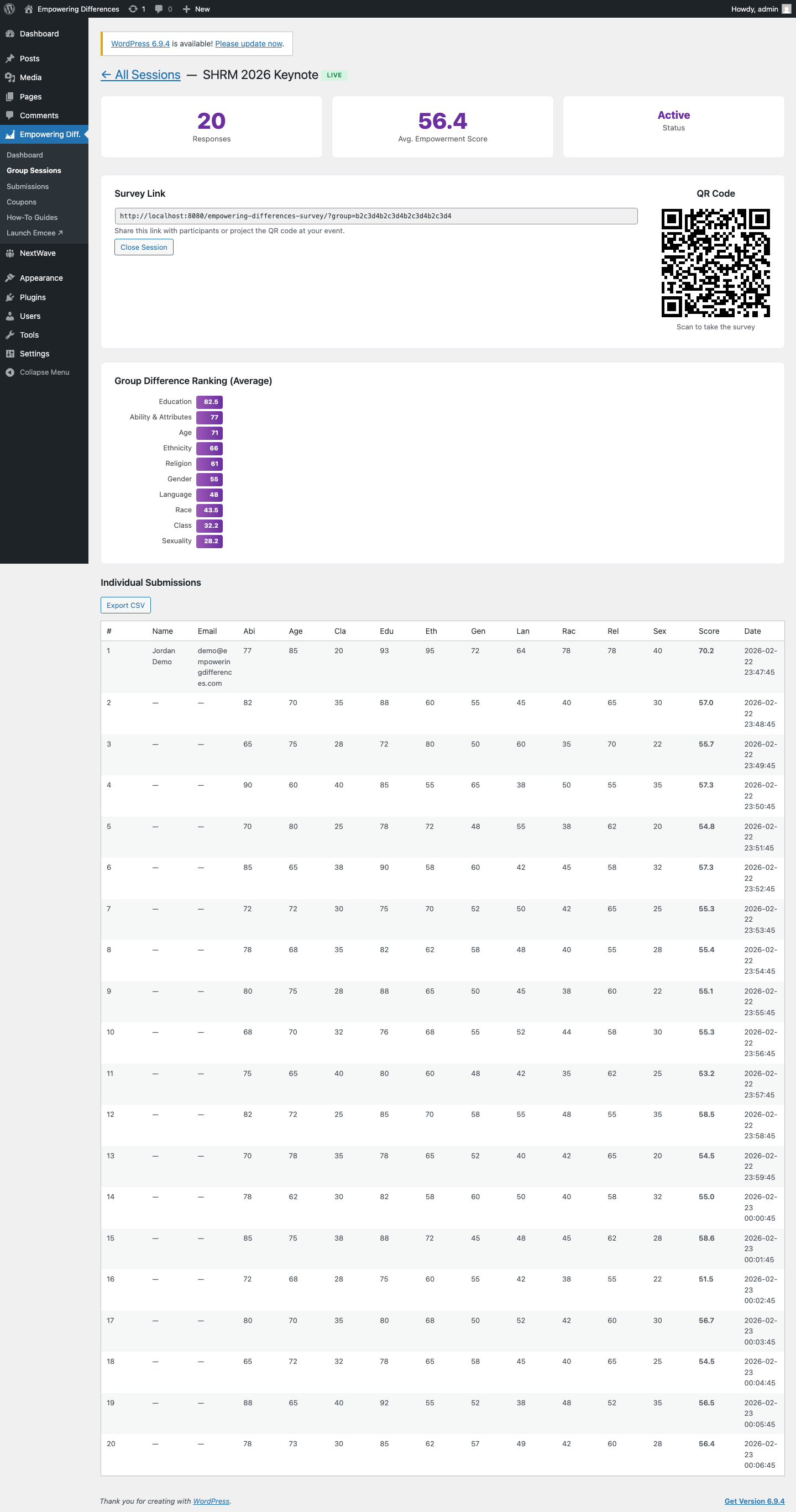 Group session admin detail with a QR code, live response stats, and aggregate ranking